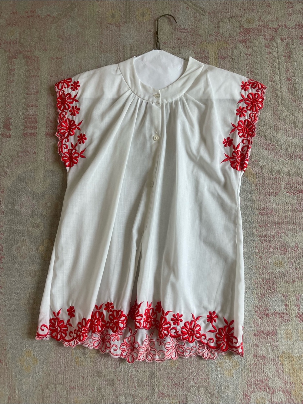 Vintage White Blouse with Red Floral Embroidery